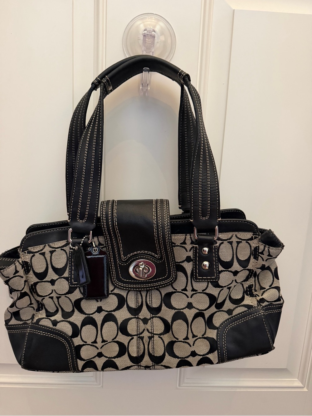 Coach Signature Canvas Shoulder Bag in Black and Cream
